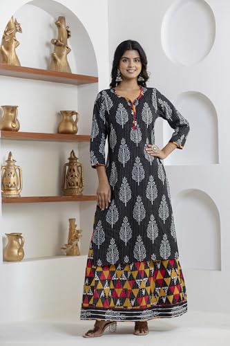 Image of KANNAHI Women Pure Cotton Blue and Rust Ethnic Motif Ajrakh Handblock Printed Kurta Set