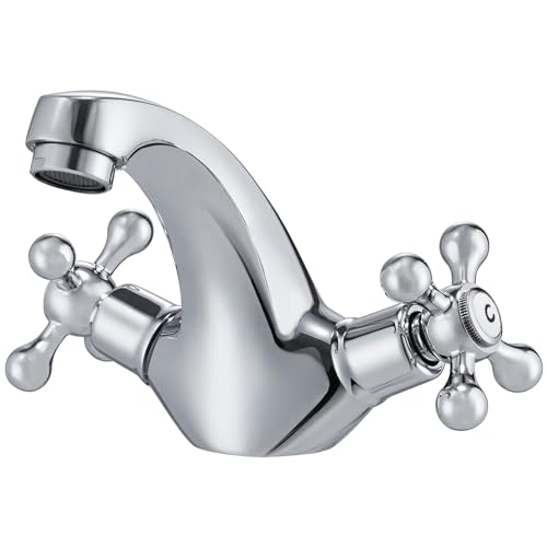 Grifos para lavabo de baño, grifos tradicionales victorianos para lavabo, doble mango cruzado, cuello de cisne, 1 agujero con mangueras de calor y frío, cromado