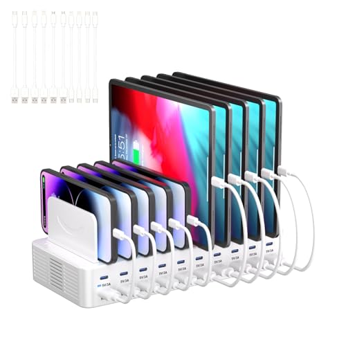 Angled 20-Port USB Charging Station 270W with Adjustable Dividers & 10 Cables (White)