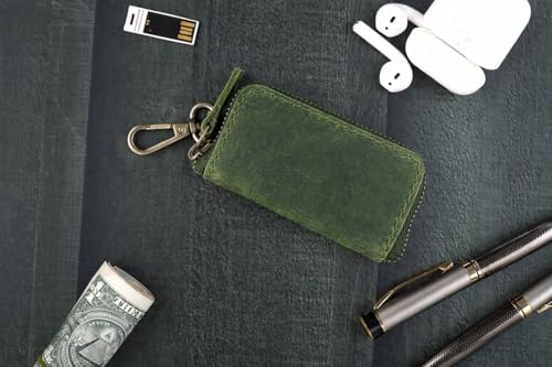 Image of Handmade Full Grain Leather Car Key Holder & Zippered Coin Purse | Belt Loop Key Chain, Compact Earphone Holder Multi-Functional Money Purse Elegant Leather Accessory Versatile Key Organizer (Green)