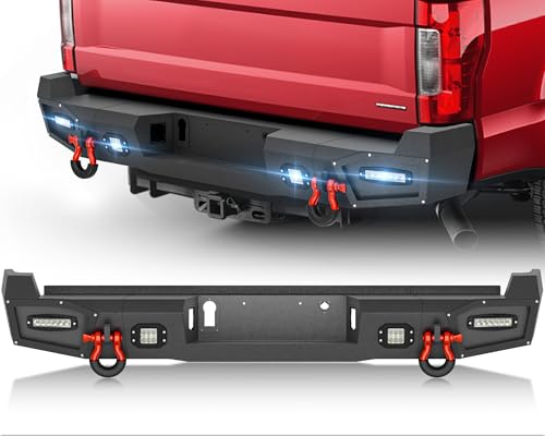 YZONA Rear Step Bumper Compatible with 2017-2025 4th Gen Ford F250 F350 F450 Super Duty Off-Road Pickup Truck Bumper Equipped with Paintable Armor, Sensor Holes, 4 x 18W LED Lights & D-rings, Black