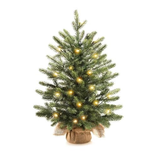 Pre-Lit Green Artificial Christmas Tree 18in (45cm) - Flame Retardant, Warm White LEDs, Battery-Powered with Remote/Timer, Woven Base, Festive Home Decoration (With light strip)