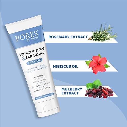 Image of PORES Be Pure Skin Brightening Face Scrub For Women & Men - 100 GM | Gentle Exfoliating Scrub for Face With Glutathione & Glycolic Acid | Blackhead & Dead Skin Remover Exfoliator for Glowing Skin
