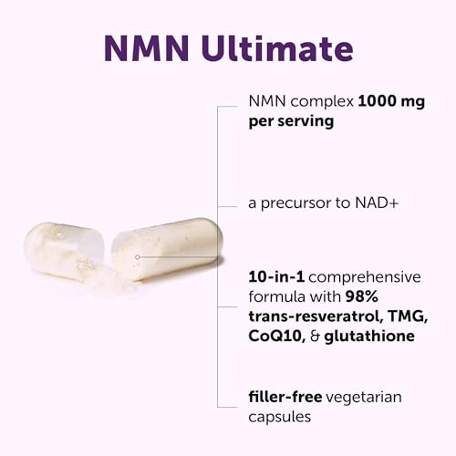 Image of NMN Complex 1,000mg Per Serving, 60 Veggie Capsules | 10-in-1 with Nicotinamide Mononucleotide, Vitamin C, Resveratrol, CoQ10, TMG, Quercetin, & Glutathione | NAD+ Supplement Precursor | Filler Free