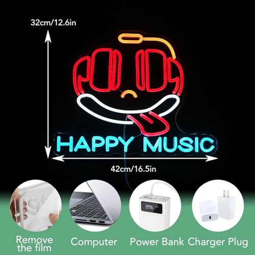 Image of Happy Music Neon Sign Dimmable Led Microphone Neon Light for Wall Decor USB Cute Headset Neon Light Sign for Music Studio Bar Live House Karaoke Party Bedroom