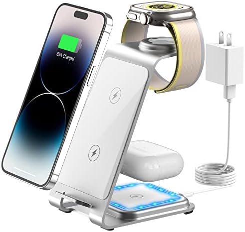 Wireless Charging Station, RR SPORTS 3 in 1 Wireless Charger, Aluminum Alloy Charging Dock for iPhone 14/13/12/11 Pro Max/X/Xs Max, iWatch Series 8/7/6/SE/5/4/3/2, AirPods Pro 2/Pro/3/2 (Silver)