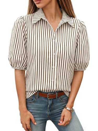 Image of Tankaneo Women's Button Down Shirts Short Puff Sleeve Collared Dressy Casual Blouse Tops
