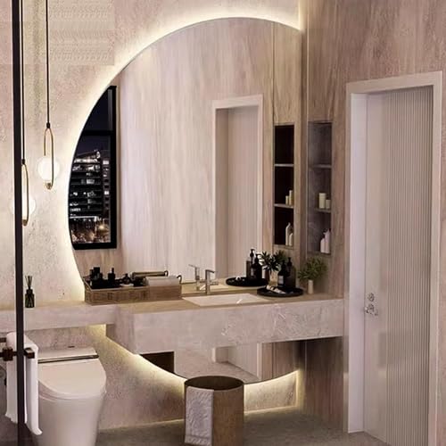 Espejo De Pared Iluminado De 3 Colores, Espejo De Tocador Desempañador para Baño, Espejo De Maquillaje Irregular, Espejo Decorativo De Medio Círculo De 47 P, Right Cut, 25 * 35inch(63 * 90cm)