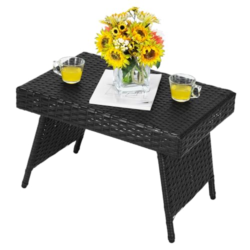 GIANTEX Table Basse Extérieure en Rotin, 60 x 40 x 40 cm, Petite Table Pliante de Jardin avec Patins Réglables, Mobilité Facile, Charge 45 kg, pour Salon de...