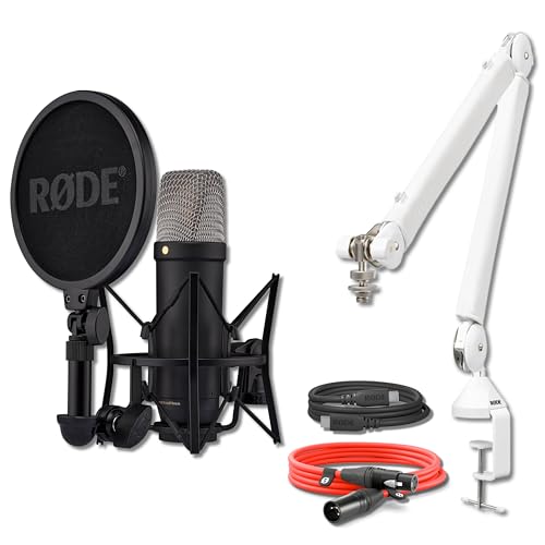 Rode NT1 5th Generation Condenser Microphone (Black) with Rode PSA1+ White Broadcast Microphone Boom Arm and XLR Cable