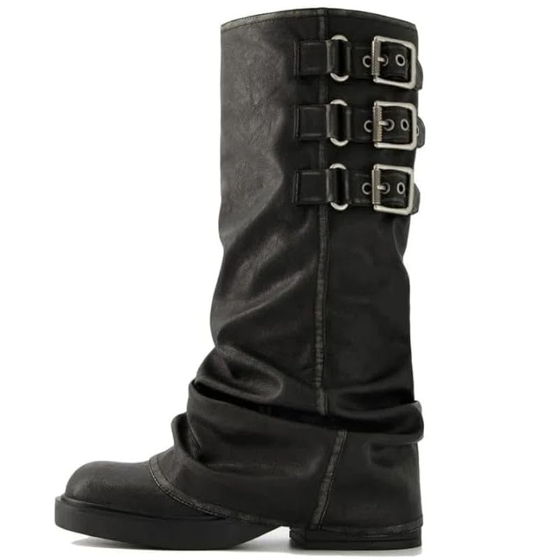 Seborluys Fold Over Knee High Boots for Women Slouchy Chunky Goth Platform Boot Wide Calf Round Toe Pull On Riding Low Heel Platform Shoes with Buckle