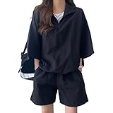 [LIKE FIRY] セットアップ レディース トップス ジッパー 上下セット 日焼け止め 部屋着 ルームウェア 春 夏服 秋半袖Tシャツ+ショートパンツ 大人 スウェット おしゃれ ファッション 大きいサイズ(ブラック/M)