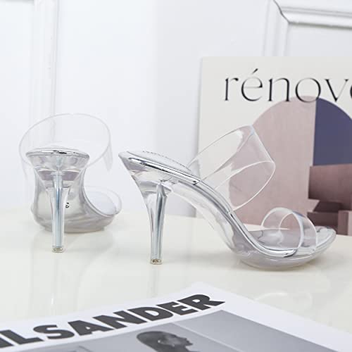 Image of NBUUNBU Clear Heels for Women Silver Black Heels Little Platform Sexy High Heels Sandals Stiletto Kitten Open Toe Dress Shoes Comfortable Double Transparent Strap Heeled Sandals Mule