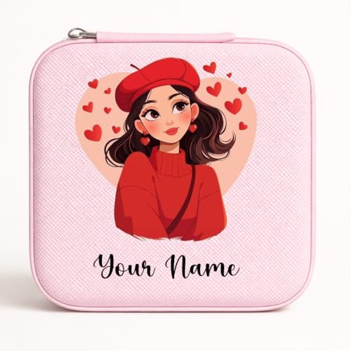 Image of PRIMIT Personalized Jewelry Box with Name & Birth Flower - Custom Travel Jewelry Organizer Case - Bridesmaid, Birthday, Christmas Gift for Women & Girls (Heart Girl)