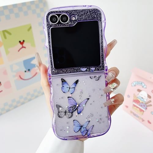 UEEBAI Wave Butterfly Case for Samsung Galaxy Z Flip 5/Z Flip 6/Z Flip 7 FE 5G Case, Pretty Bling Star Butterfly Cute Shiny Glitter Phone Cover Bling Clear Cover Curly Shockproof Girly - Purple