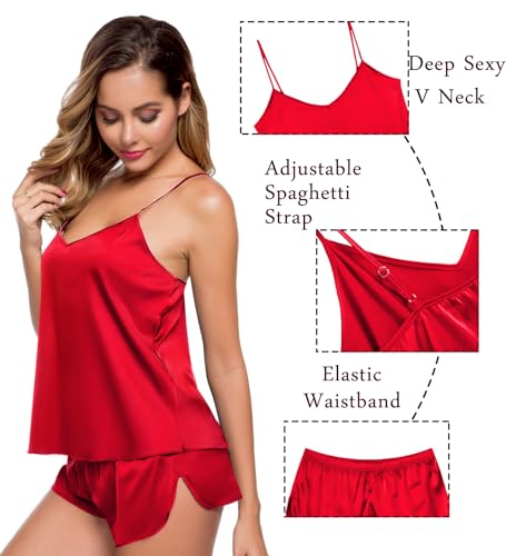Image of SWOMOG Womens Silk Satin Pajamas Sets 4pcs Sleepwear Sexy Cami Shorts Set and Button Down Short Sleeve Pjs Loungewear Candy Red Medium