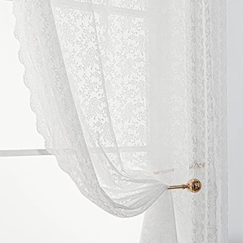 Eyelet Pure White Rose Lace Curtains 63 Inch Length - Grommet Top Shabby Chic Floral Tile Pattern Sheer Lace Curtains For Bedroom, Lightweight Lace Window Curtains, 54 X 63 Inch, 2 Panels, White #TOP4