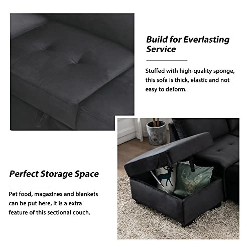 Merax 86” Velvet Reversible Sectional Couch With Pull-Out Sleeper, L-Shape Corner Sofa Bed With Hidden Arm Storage & Ottoman, Black #TOP5