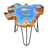 Giantex 21” Teak Wood Outdoor Side Table - Epoxy Resin End Table with Irregular Tabletop, Metal Frame, Solid Edge Sofa Side Table, Couch Table for Patio, Porch, Poolside, Living Room, Brown/Blue
