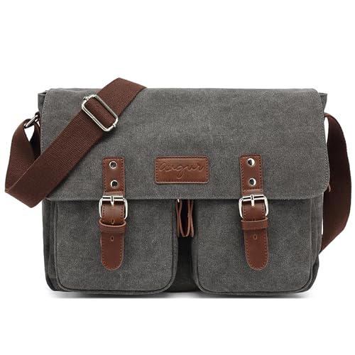 FOLOVEYA Vintage Bolsa de Mensajero Hombre Extensible 14 Pulgadas Ordenador Portátil Maletin Lona Bolso Bandolera Negocios Satchel Bolso Portatil para Trabajo Oficina Viaje Escuela Gris
