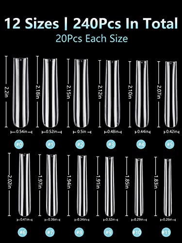 LIONVISON 3XL Extra Lange Künstliche Nägel, 240 Stück Klare Quadratische Gerade Künstliche Nagelspitzen für Acrylnägel, 12 Größen Full Cover Press On Nagelspitzen für Maniküre