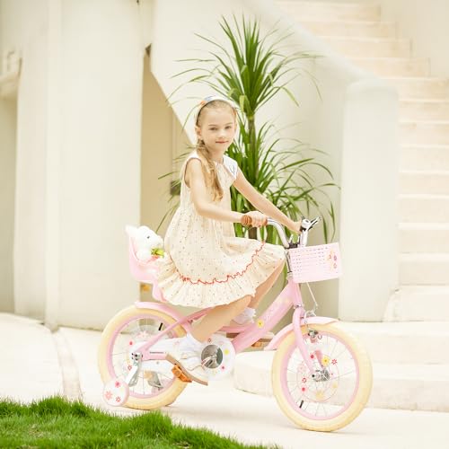 Image of Girls Bike with Basket for Toddlers and Kids Aged 3-14 Years Old, 12 14 16 18 Inch with Training Wheels & Doll Seat, 20 Inch with Kickstand & Rear Rack, Princess Style Bicycle for Gift.