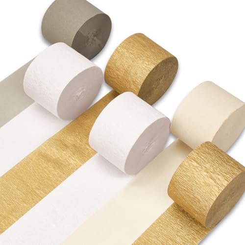 Image of PartyWoo White and Gold Crepe Paper Streamers 6 Rolls 492 ft Pack of Metallic Gold Ivory Sand White Crepe Paper for Wedding Gender Reveal Birthday Party Decorations (1.8 Inch x 82 Ft /Roll)