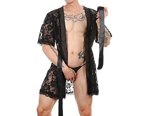 Hksichengkeji Men Sexy Lace Bathrobe Floral Mesh Lingerie Transparent Belted Sleepwear Ultra-Thin Pajamas Suit Nightgown Kimono Robe Unisex #TOP3