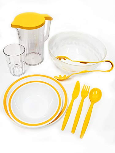 Harfield 28 Piece BBQ Picnic Outdoor Dining Tableware Set - Yellow Reusable Virtually Unbreakable Polycarbonate Plastic