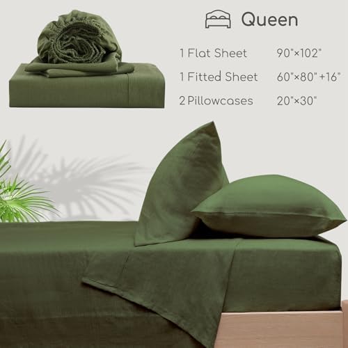 100% Linen Sheets Set Queen Size, Natural Pure Flax 4 Piece Bed Sets, 16" Deep Pocket, Breathable Cooling Bed Soft Durable Bedding, Machine Washable (Mossy Green,Queen)