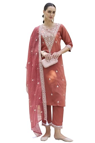 Image of VredeVogel Women's Silk Blend Embroidered Kurta with Pant & Organza Dupatta Set