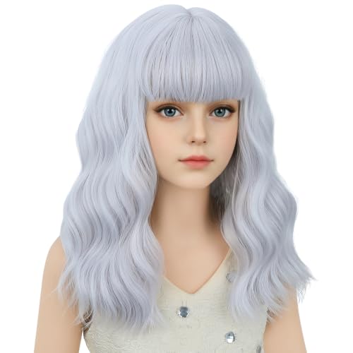 Image of Silver White Wig Short White Wavy Curly Wigs Wig with Air Bangs Synthetic Cosplay Hair Wigs