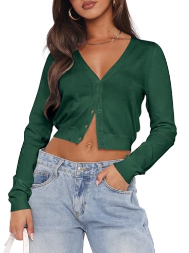Ezbelle V Neck Women's Long Sleeve Crop Tops Button Up Shirt Lightweight Cardigan Sweater 2026 Trendy Tops Mothers Clothes Dark Green M