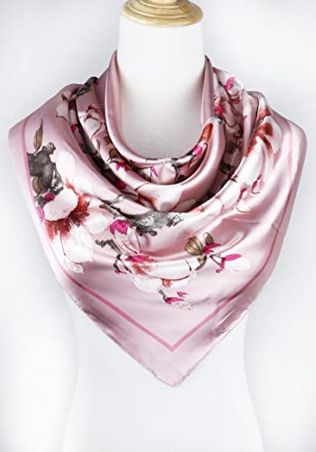 Vabovin 35" Ladies Satin Square Silk Like Hair Scarves And Wraps Headscarf For Sleeping (Pink Flowers) #TOP2