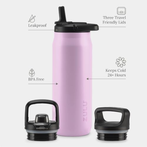Image of ZULU Base 32oz Stainless Steel Water Bottle with 3 Lids- Straw, Chug, Twist | Double Walled and Vacuum Insulated Metal Thermos | For Gym, Outdoor | Built in Carry Loop, Dishwasher Safe, Pink