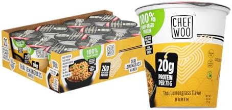 CHEF WOO Thai Lemongrass Ramen Cup High Protein Noodles (12 PACK), 20g of Animal-free, Bioavailable Protein | Made in U.S. |