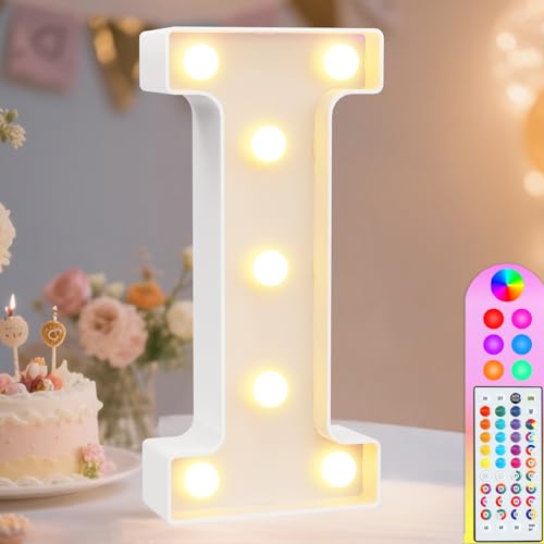 Image of Pooqla Colorful Light Up Letters with Remote, Upgraded 35 Colors LED Marquee Letters, RGB Lighted Letter for Girls Teenager Gift, Birthday, Party, Wedding, Night Light, Room, Bedroom Decor, Letter I