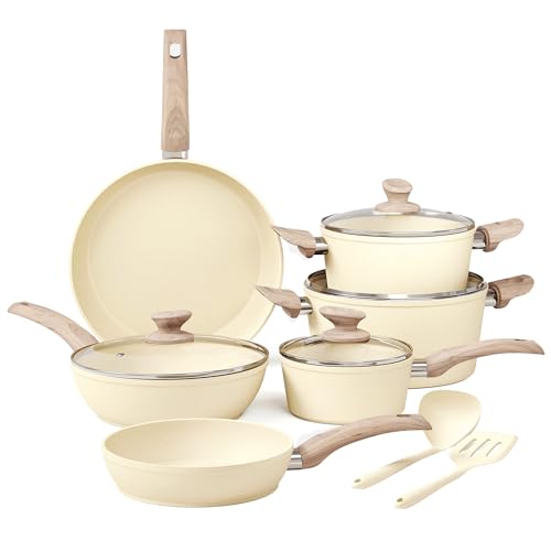 Kitchen Academy Induction Pots and Pans Set Non Stick - 12Pcs Beige Nonstick Kitchen Cookware Set, Granite Cooking Pans Set