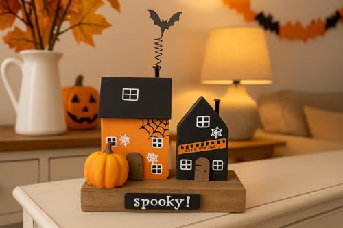 Heaven Sends Decorative Wooden Spooky Haunted House - Black/Orange - 14cm x 10cm x 6cm - Halloween Decoration Autumn Pumpkin Themed Décor - Perfect for Home, Kitchen, Living Room, Tabletop