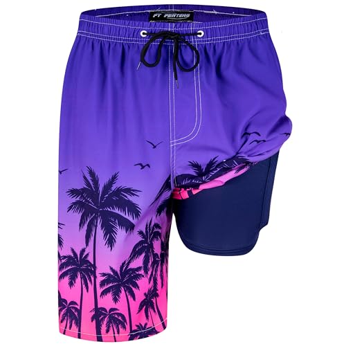 Mens Swim Trunks with Compression Liner, Sunset Coconut Palm Trees Men Bathing Suit Swimming Trunks 9 Inch Inseam Board Shorts Men's Swimwear, Quick Dry Beach Shorts Built-in Swimsuits, L