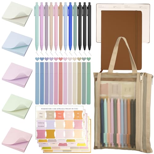 Bible Study Supplies,Bible Journaling Kit,Bible Study Kit with Journal,12 No Bleed Highlighters,12 Gel Pens,75 Tabs, 400 Sticky Notes,Christian Gifts for Women Men (Brown)