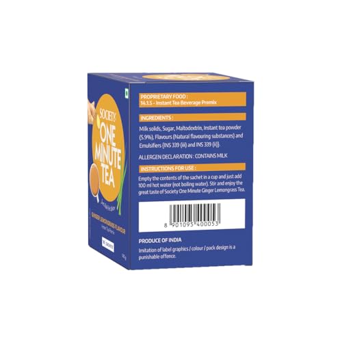 Image of Society One Minute Tea | Ginger Lemongrass Flavour | Made with Lemongrass & Ginger | Flavoured Instant Tea | 14g X 10 Sachets (140g) | Pack of 1