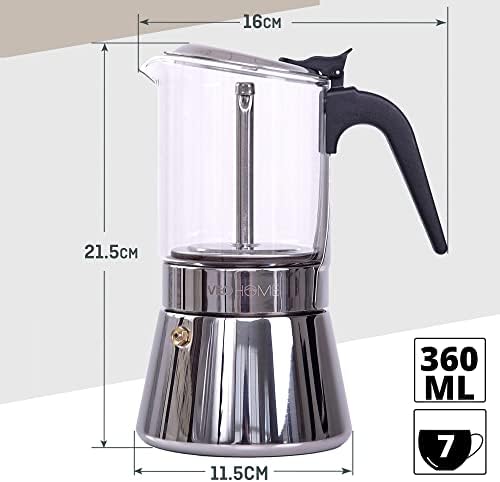 VeoHome Stovetop espresso maker Glass and Stainless Steel Moka pot Coffee Maker 360 ml - Cafetera italiana - Induction, Gas, Ceramic Espresso Style - Unbreakable, Safe and Dishwasher Safe