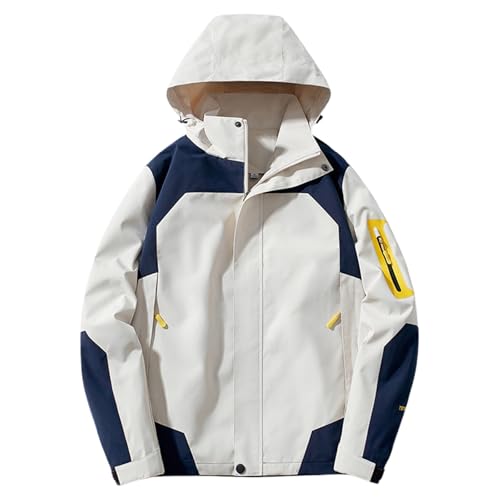 Image of Waterproof Jacket Womens Lightweight Rain Jackets with Zip Pocket Softshell Sport Outdoor Coat Block Color Windproof Windbreak Hiking Jacket Casual Hooded Raincoats Loose Fit Thin Waterproof Coats