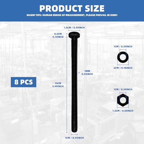 Image of 24Pcs (8 Sets) M10 x 150mm Hex Head Screw Bolt with Nuts Flat Washers, M10-1.5, 6 inches Long Hex Bolts Screws, Carbon Steel Grade 8.8, Machine Full Thread Hexagon Head Bolts, Black Oxide Finish