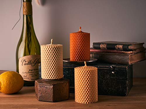 Beeswax Gifts 100% Beeswax Candles Set Of 3 Colored Pillar Candles (Size 3.3 X 2.15 In) With Natural Honey Scent For Gift And Home Decor (Ivory, Orange And Peach, 3.3 X 2.15 In) Made In Ukraine #TOP4