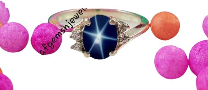 Genuine Star Sapphire Engagement & Wedding Ring 925 Sterling Silver Oval 6 Star Ring for Women's