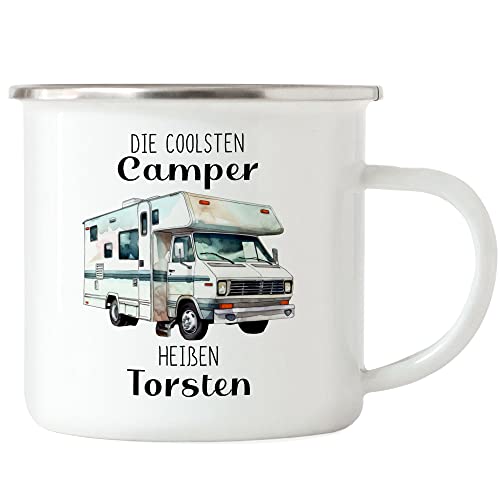 Kiddle-Design Die coolsten Camper heißen Emaille Tasse personalisiert mit Wunschnamen Wohnmobil Wohnwagen Vatertag Geschenk