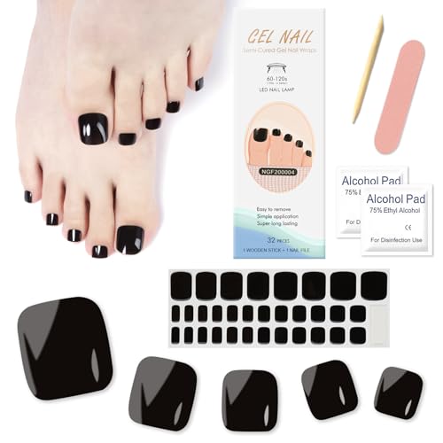 Ceboic Pegatinas Uñas Pies Adhesivas Semipermanente, 32Pcs Uñas de Gel Pegatinas para Pies UV Francesa, Uñas de Gel Pegatinas para Pies Cubierta Completa para Mujeres Uñas Decoraciones - Negro