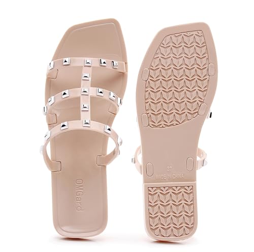 Image of Women Flats Sandals, Studded Jelly Shoes Size 9 Red Dressy Summer Beach Rivets Strappy Jellies Slide Slip On Open Toes